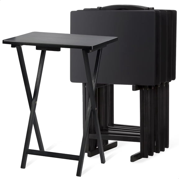 PJ Wood Folding TV Tray Tables - Storage Rack - 5 Piece Set, Black