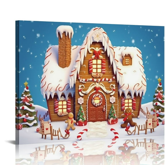 Pratyus Santa Claus Snowman Gingerbread House Theme Modern Canvas Wall Art Prints for Home Decor 16x12in