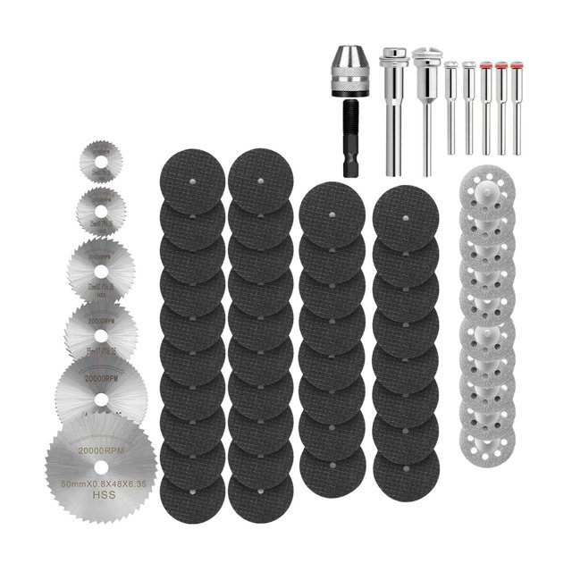 Kit de rueda de corte de de 60 piezas (22/25/32/35/44/50mm), con mandril y hoja de HSS para herramientas rotativas