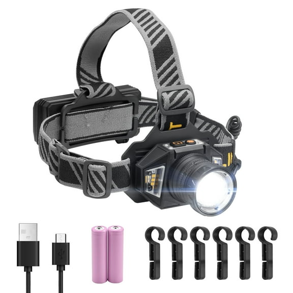 VEVOR Headlamp, Bright LED Rechargeable Headlight, Lightweight Head Flashlight with 16 Lighting Modes, Adjustable Headband & 90° Angle, Zoomable Head Lamp for Camping, Running, Hiking, Fishing