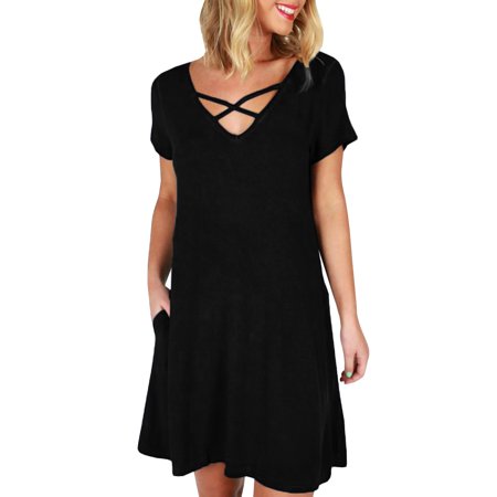 Sysea - V-neck Cross Women's Short Sleeve Mini Dress With Pocket 