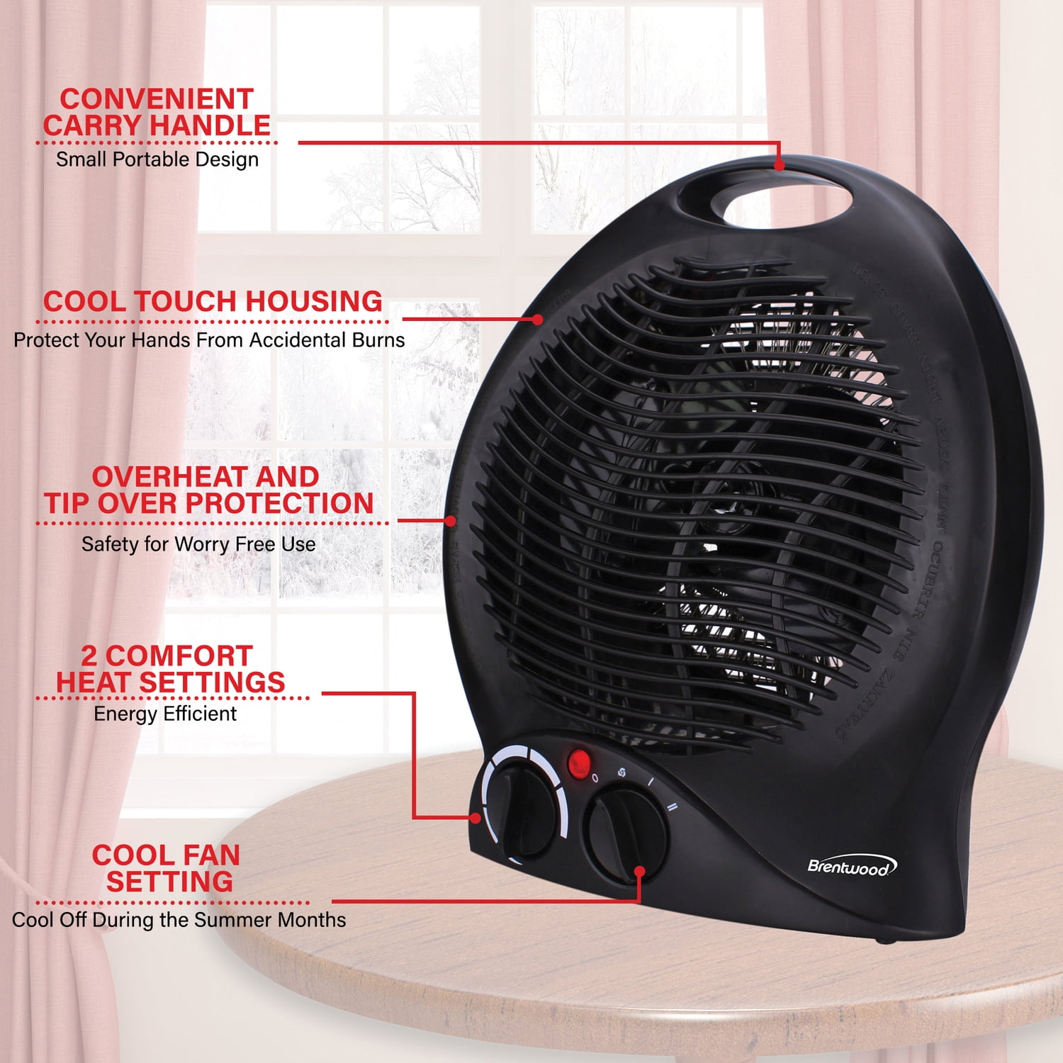 Brentwood Kool Zone 1,500-Watt-Max Portable Electric Space Heater and Fan, Black, H-F301BK