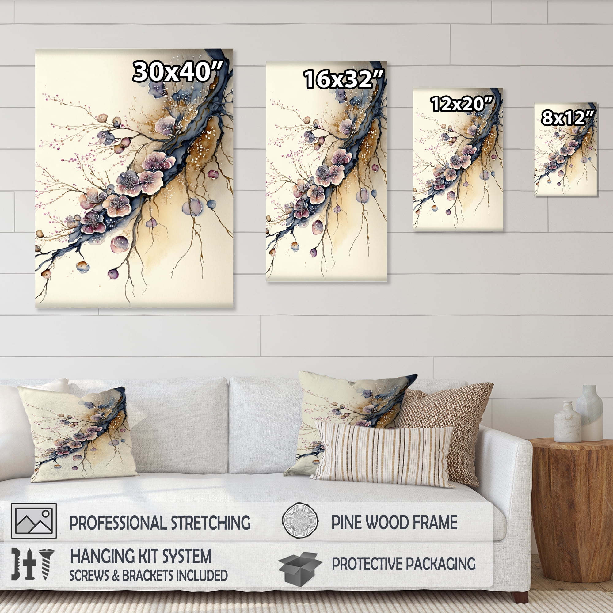 Designart Pink And Plum Cherry Blossom Branch II Canvas Wall Art