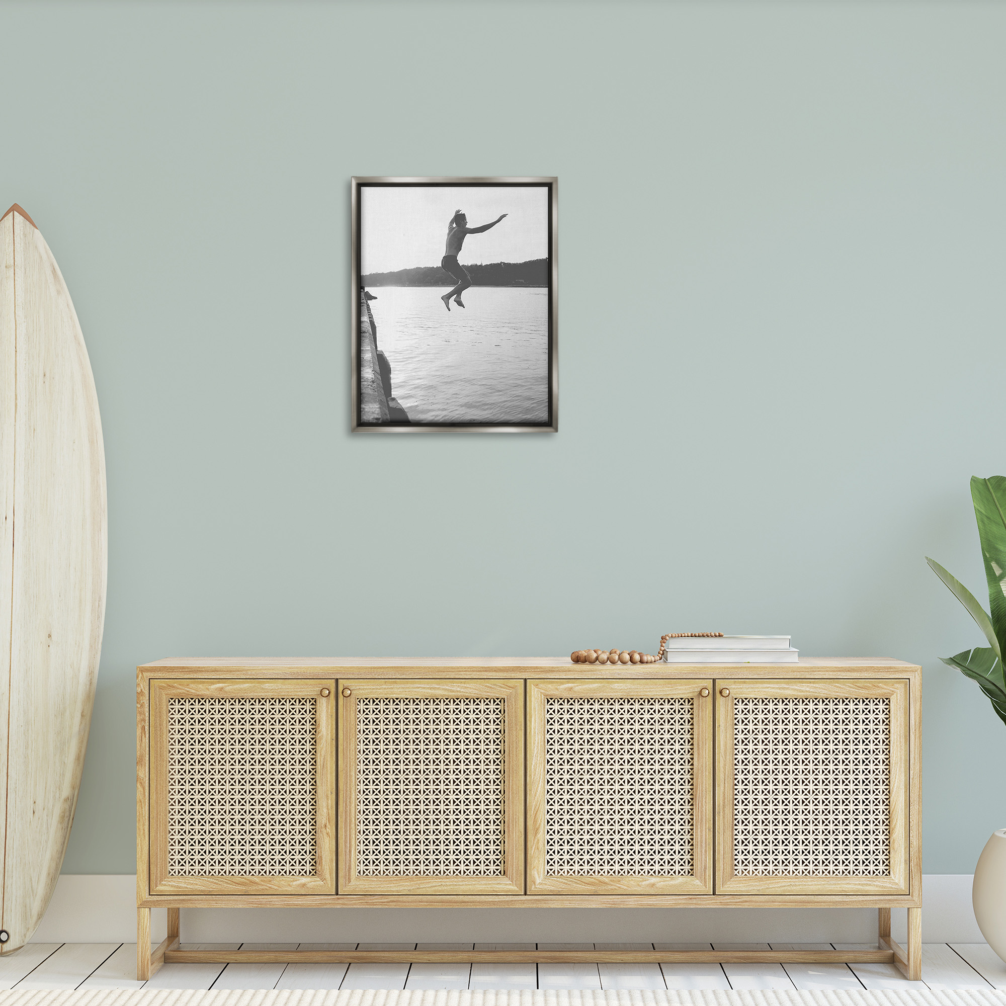 Stupell Industries Jumping in Lake Photography Landscape Photography Gray Floater Framed Canvas Art Print Wall Art, 25 x 31