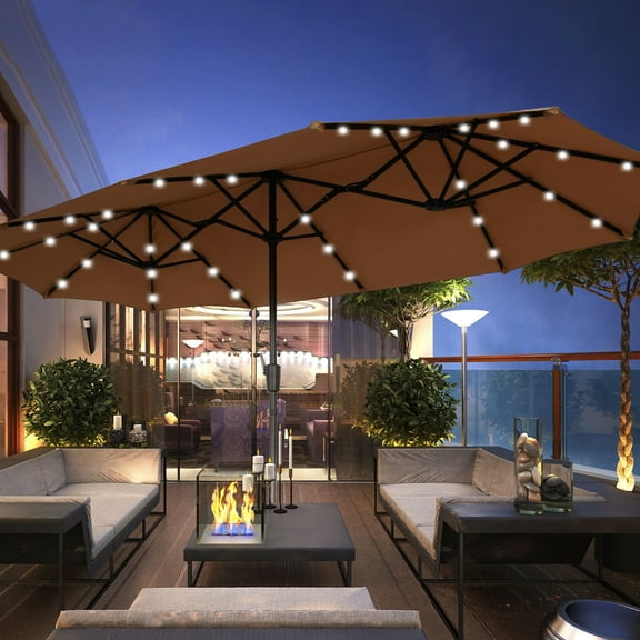 Autlaycil 13 ft Large Rectangle Umbrella with 36 Solar Lights and Crank System for Garden, Deck, Poolside, Patio, Brown