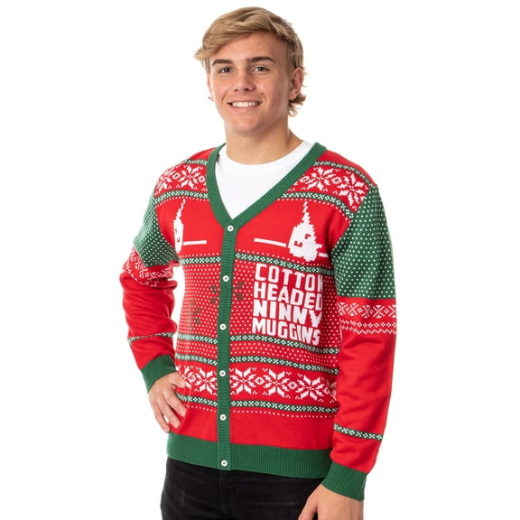 ELF The Movie Men's Cotton Headed Ninny Muggins Button-Down Ugly Christmas Sweater