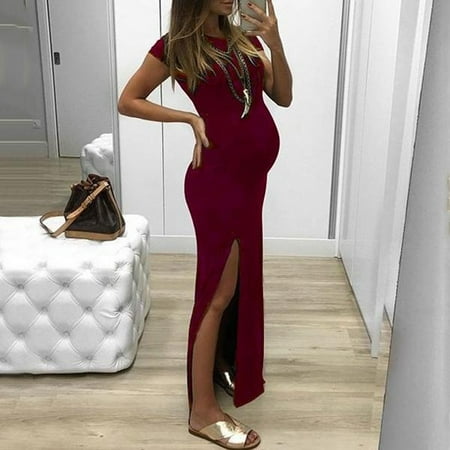 

Summer Maternity Dress For Photoshoot Fashion Women Solid Short Sleeve Bodycon Open Fork Pregnancy Maternity Dress