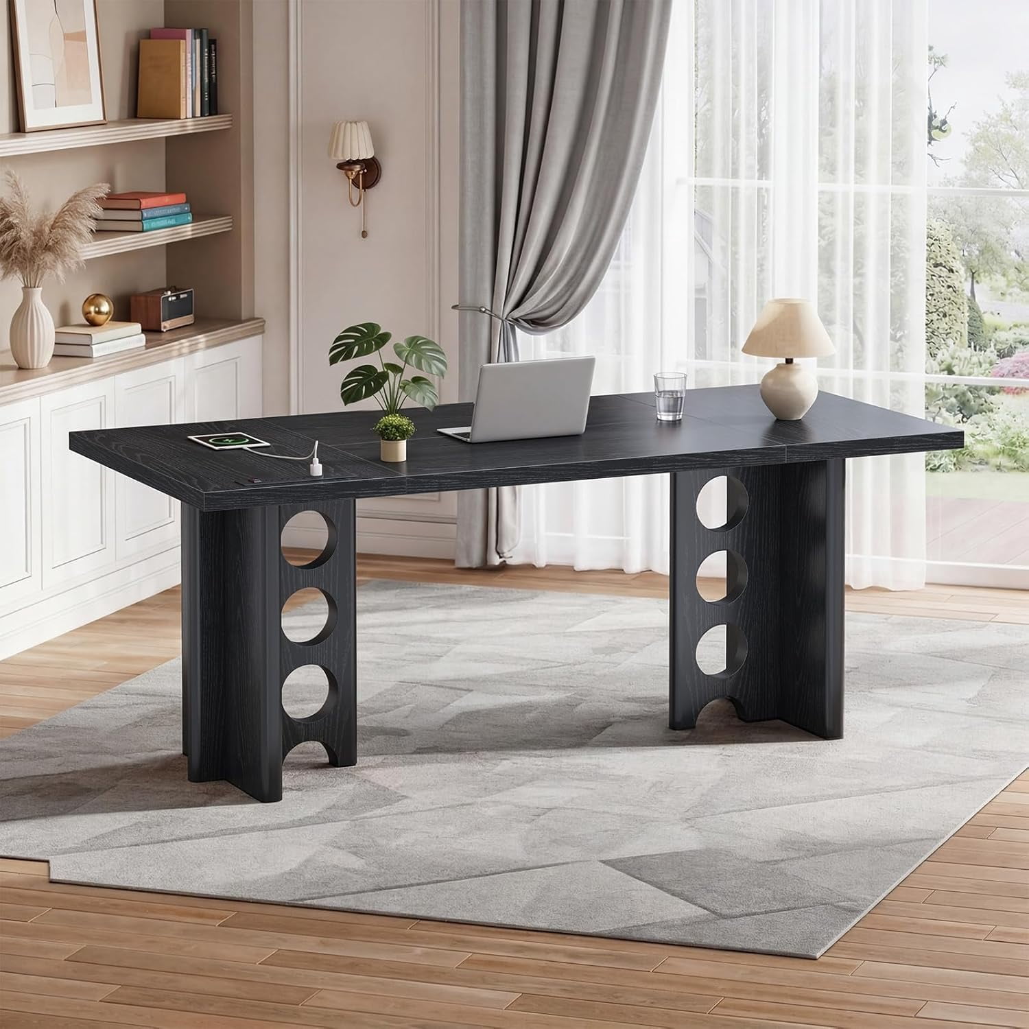 63 Inch Executive Desk with Power Outlet, Modern Computer Office Desks, Large Laptop Desk Writing Table Workstation Business Furniture for Home Office, Black