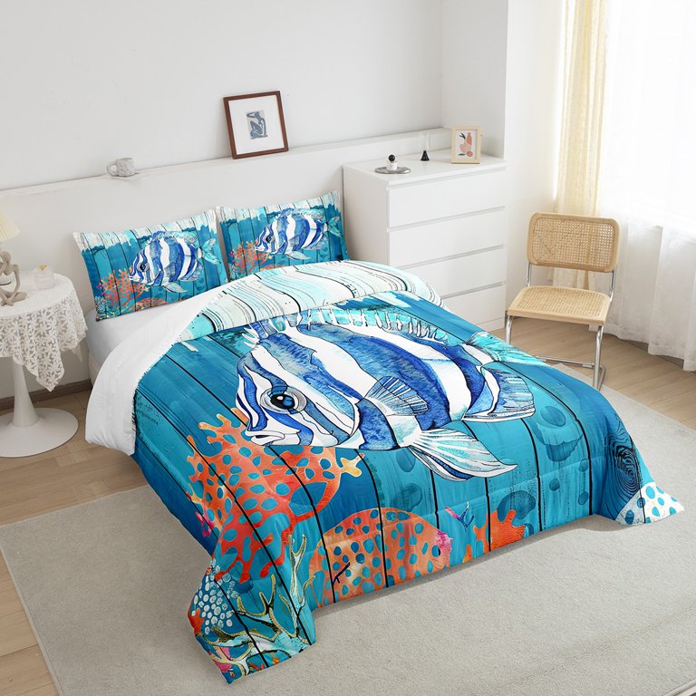 Comforter Fish Pattern Twin Comforter Kawaii Fishes Comforter Set Full Size, Coastal Animal ...