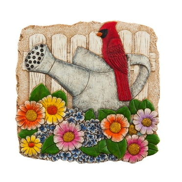 Evergreen 11" Garden Stone, Cardinal and Watering Can in Florals, 0.6'' x 1.8'' x 1.8'' inches