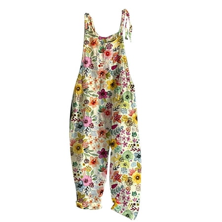 

Usmixi Womens Jumpsuits Loose Baggy Casual Cotton Linen Strap Jumpsuits Overalls Trendy Daisy Print Round Neck Sleeveless Long Summer Rompers Yellow xl