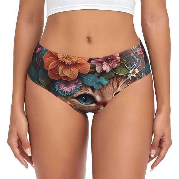 Fotbe Flower Crown Cat Calzones Estampados para Mujer – Ropa Interior de Algodón, Cómoda, Suave y Elástica-Small