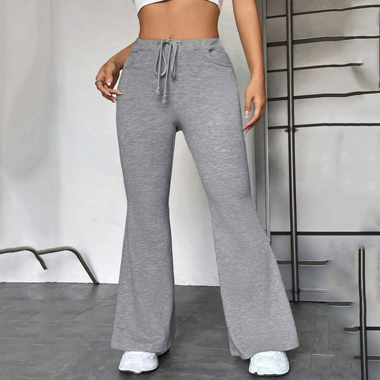Jalioing Flare Yoga Sweatpants for Women Full-Elastic Drawstring Rise Bell  Bottom Leg Skinny Stretchy Slacks (XX-Large, Gray) 