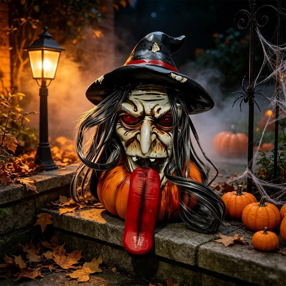 Halloween Long Tongue Witch Pumpkin Ornament, Creepy Gothic Desktop Resin Figurine, Spooky Hand-Painted Seasonal Decor, Tabletop Collectible for Shelf Halloween Party Indoor Home Display