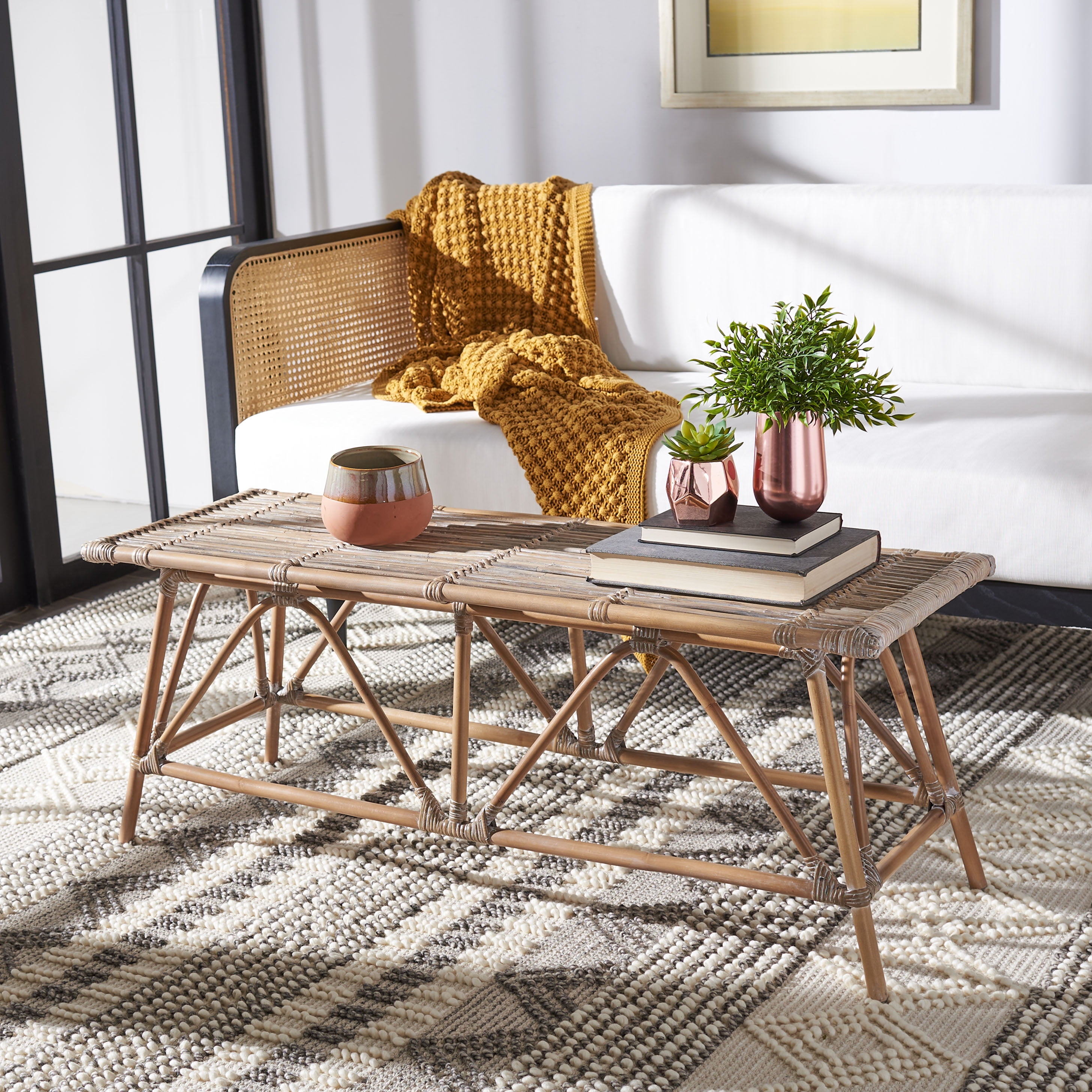 Safavieh Montgomery Contemporary Rattan Coffee Table, Grey White Wash