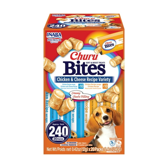 Inaba Churu Bites Soft Baked Dog Treat, 0.42oz Tubes, 20 Tubes, Chicken & Cheese Recipe