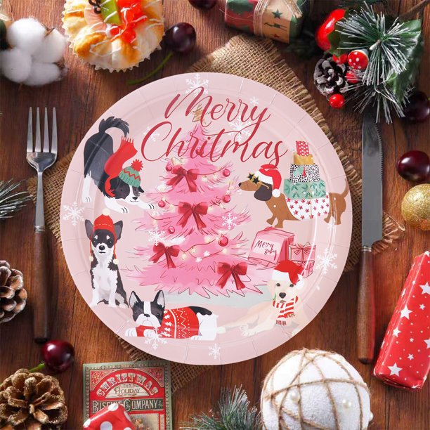 Platos de papel desechables navideños | Paquete de 10 | Platos redondos de 22,86 cm para fiestas y reuniones familiares | Rojo, rosa, negro y blanco | Resistentes y resistentes a fugas