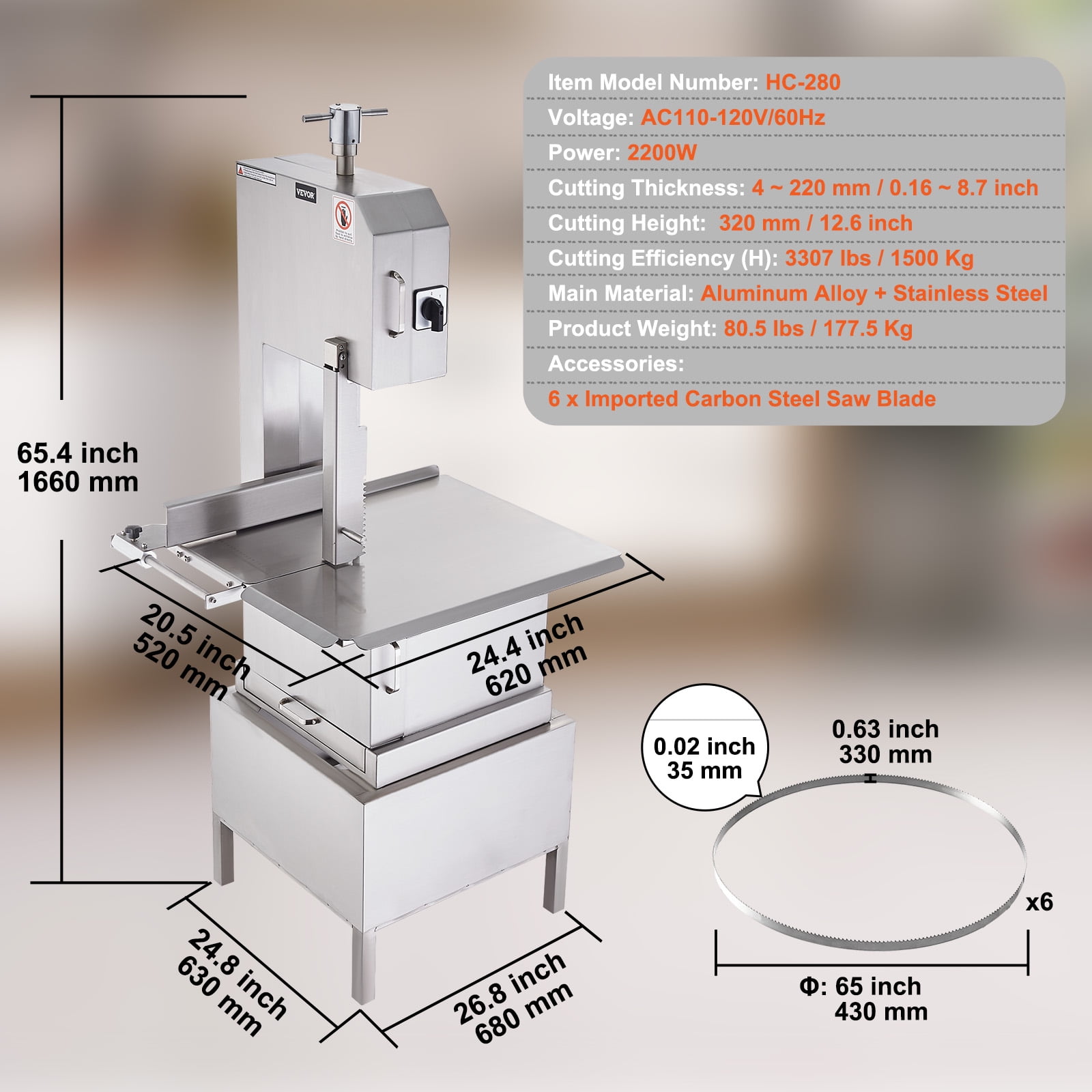VEVOR Commercial Electric Meat Bandsaw,2200W Stainless Steel Vertical Bone Sawing Machine, Workbeach 24.4" x 20.5",0.16-8.7 Inch Cutting Thickness, Frozen Meat Cutter with 6 Blades for Rib Pork Beef