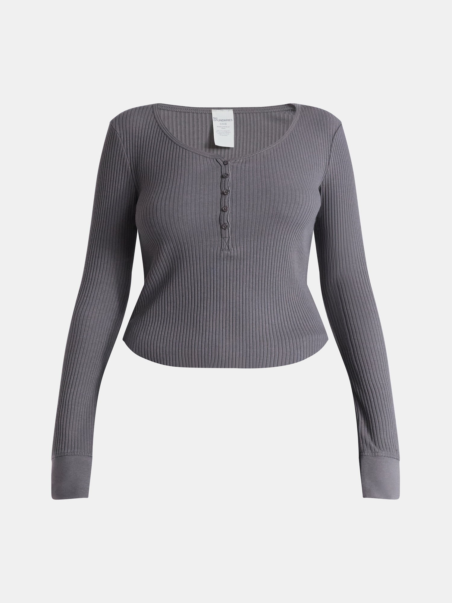 No Boundaries Scoop Neck Shirttail Henley Top with Long Sleeves, Women’s