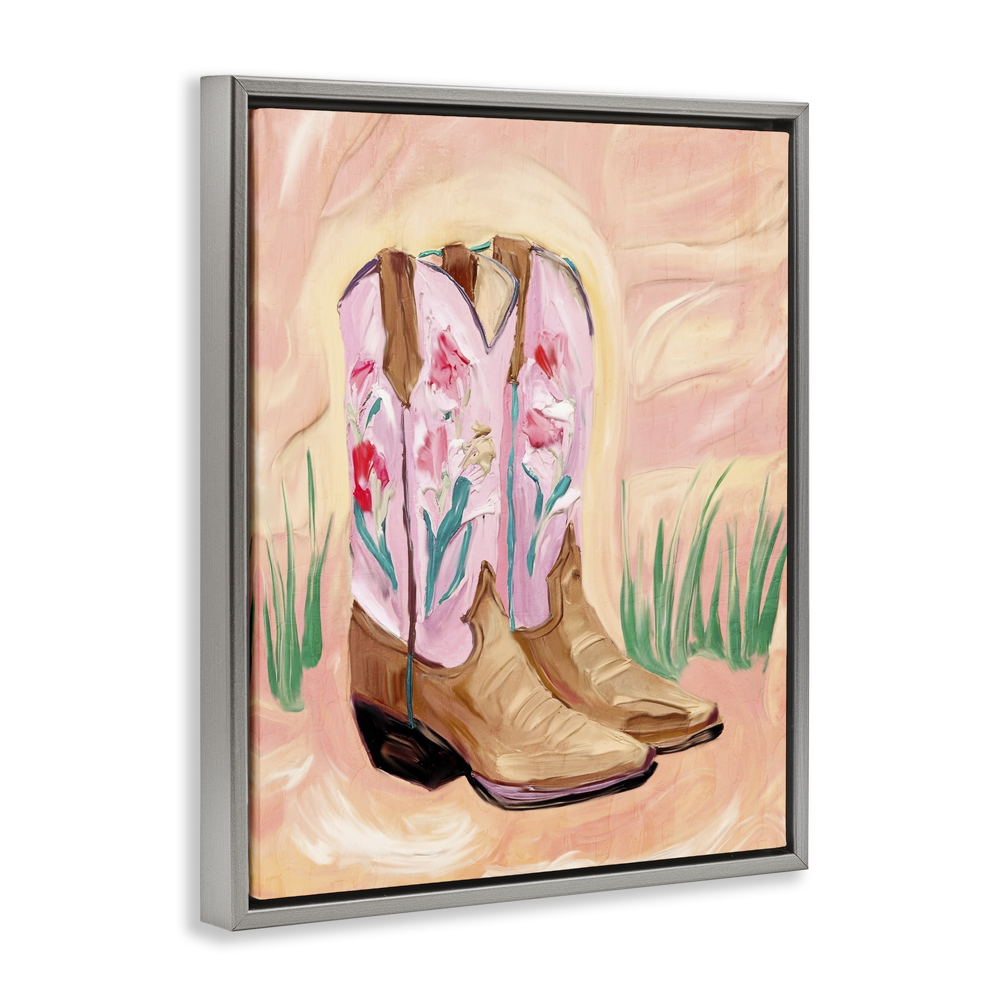 Floral Pinks Boots Gray Framed Floater Canvas Wall Art, design by Kim Allen