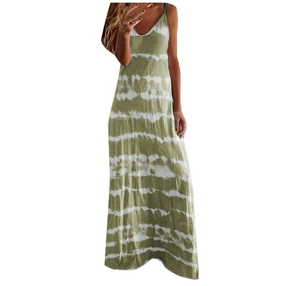 Summer Saving Wycnly Summer Dresses for Women Plus Size Spaghetti Strap Beach Boho Camisole Long Dresses Sleeveless V-Neck Striped Print Maxi Sun Dress Beige XXXXL Up to 65% off