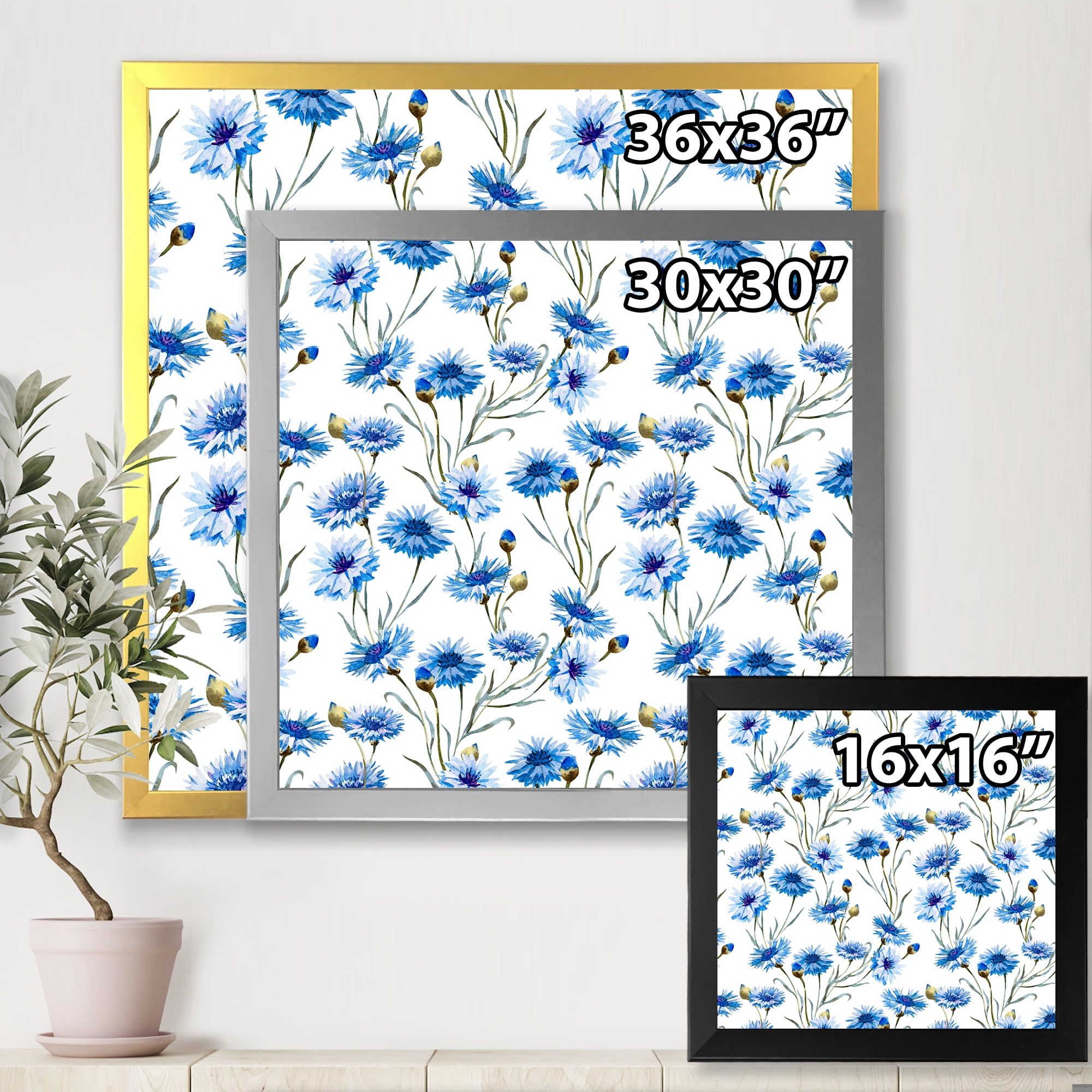 Designart 'Blue Cornflowers With Green Leaves On White II' Traditional Framed Art Print
