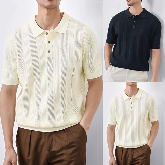 RYDCOT Men's Knit Button Down Polo Shirt Short Sleeve Vintage Casual Summer Beach Cotton Tops