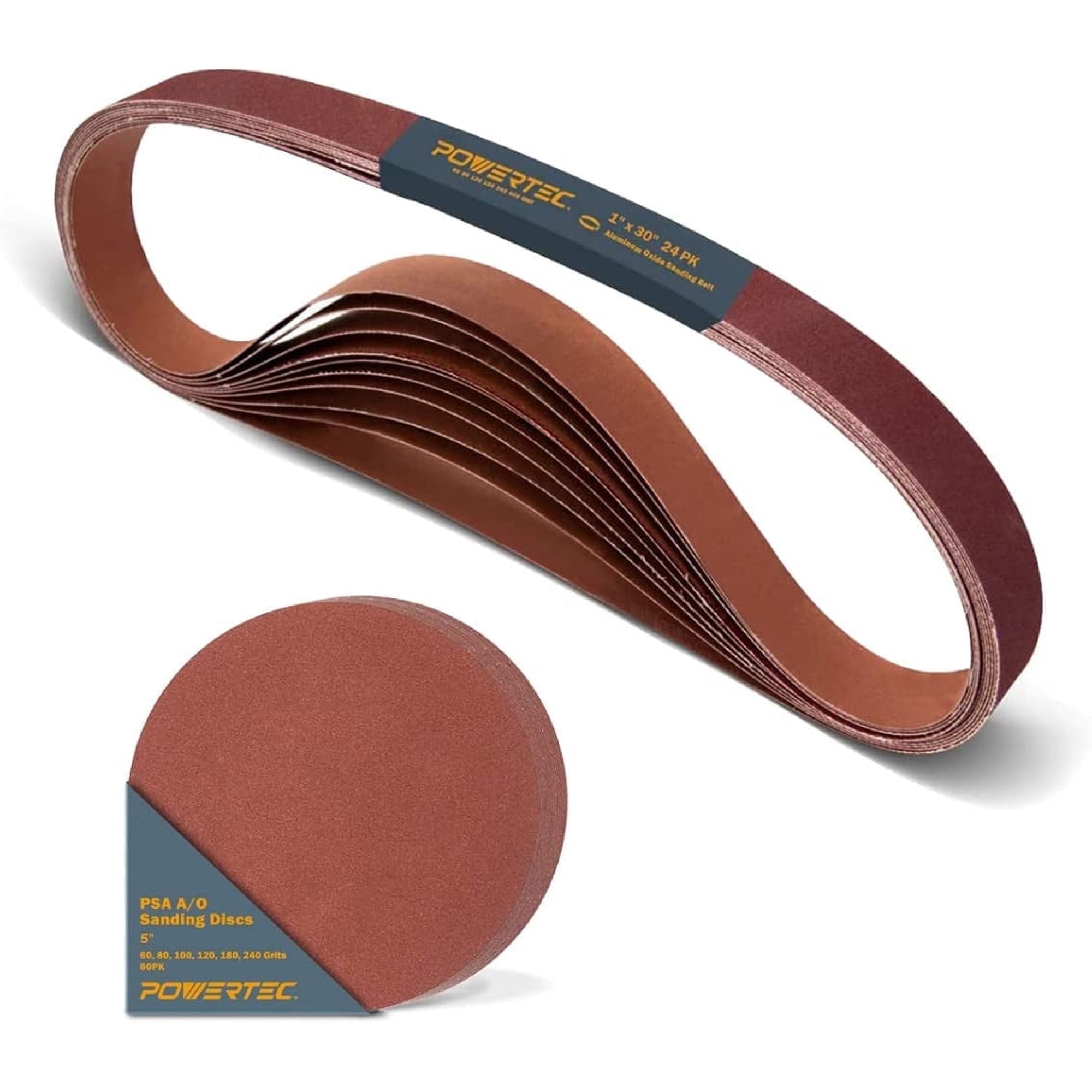 POWERTEC 24PK 1 x 30 Inch Sanding Belts and 50PK 5" PSA Self Adhesive Discs, Aluminum Oxide Belt Sander Sanding Belt Assortment for WEN 6515T/ Bucktool Belt and Disc Sander, Woodworking (11127-4)
