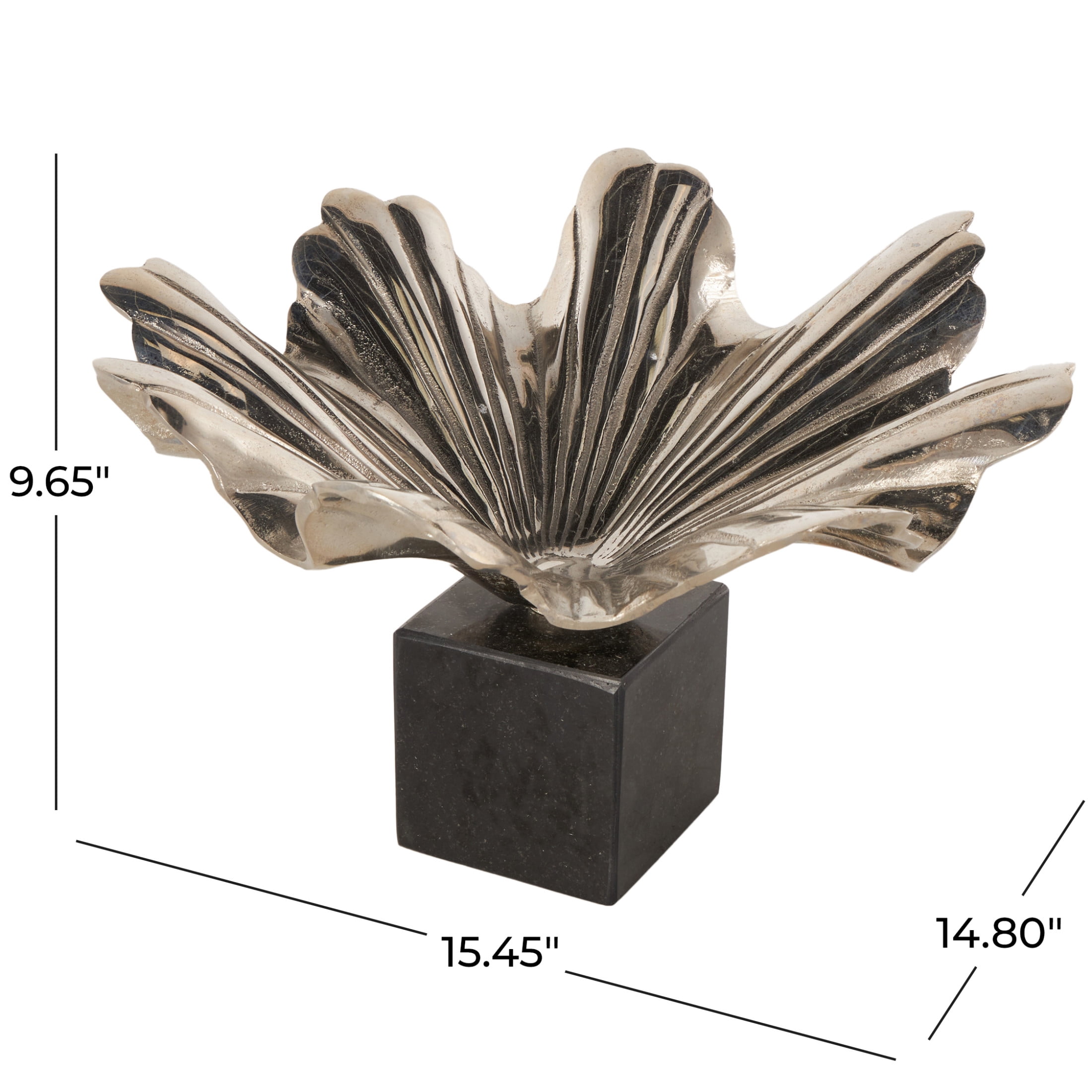 DecMode 15" Square Floral Silver Aluminum Metal Decorative Bowl with Black Marble Base