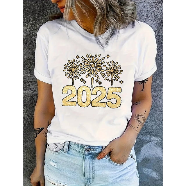 Camiseta informal de manga corta con estampado de letras 2025, de algodón con cuello redondo y elasticidad media para mujer, cómoda para verano, ideal para practicar deportes de ocio.