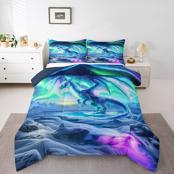 Erosebridal Aurora Dragon Comforter Set for Kids Boys Girls,Western Dragon Toddler Bedding Sets,Northern Lights Bedding Comforter Sets with 1 Pillowcase Bed