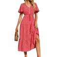 thumbnail image 4 of HUBERY Women Button Tie Waist Pleated Floral Printed V Neck Short Sleeve Midi Dress, 4 of 7