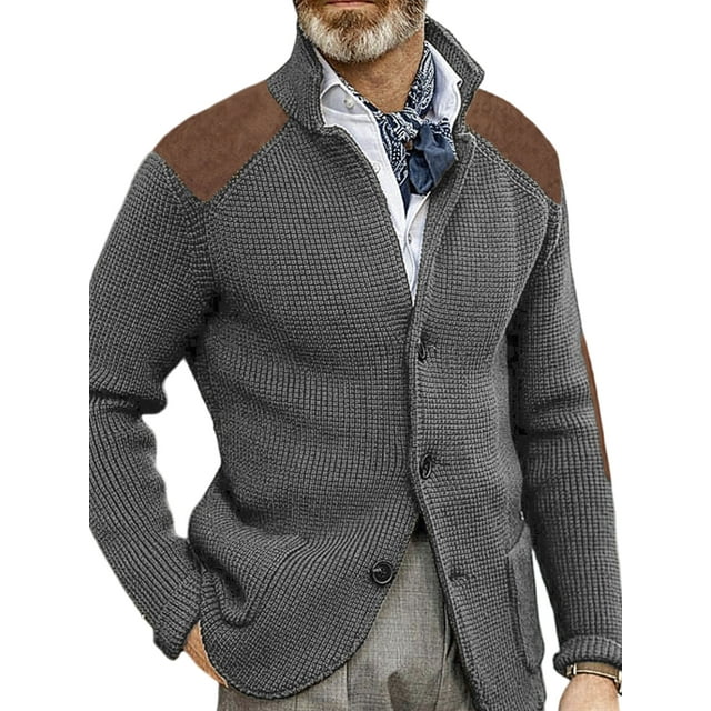 MAWCLOS Mens Cardigan Sweater Long Sleeve Jacket Button Down Coat Knitted Winter Warm Open Front Outwear Grey XL
