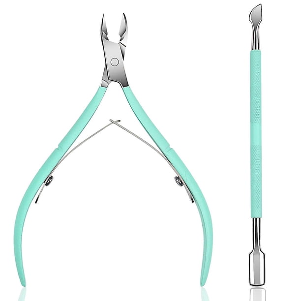 Pinza para cutículas con empujador de cutículas, cortadora de cutículas verde, cortadora de cutículas de acero inoxidable, herramientas para quitar cutículas de uñas para uñas y dedos de los