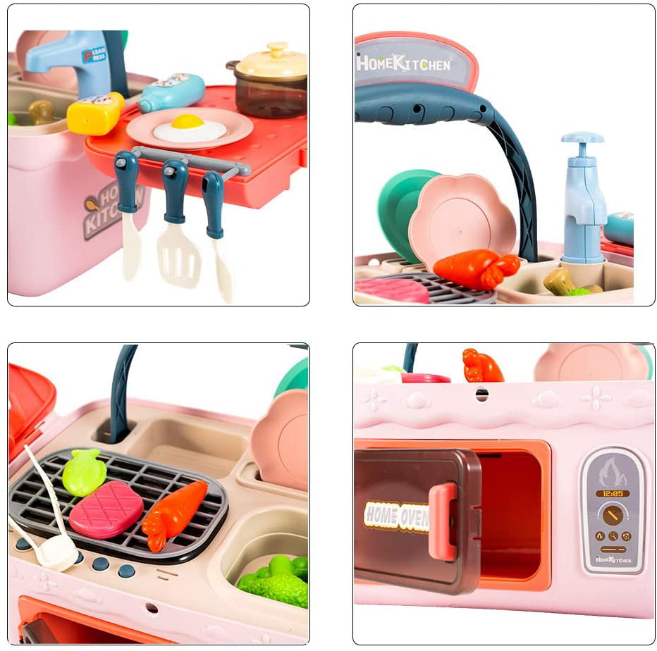 Pussan Kids Kitchen Playset,Toy Play Kitchen,Portable Storage Toy,Picnic Basket Toys with Music,Lights,Color Changing Play Food,Sink,Pretend Play Oven Cooking Set Toy Gifts for 3 Years Old Kids Blue 