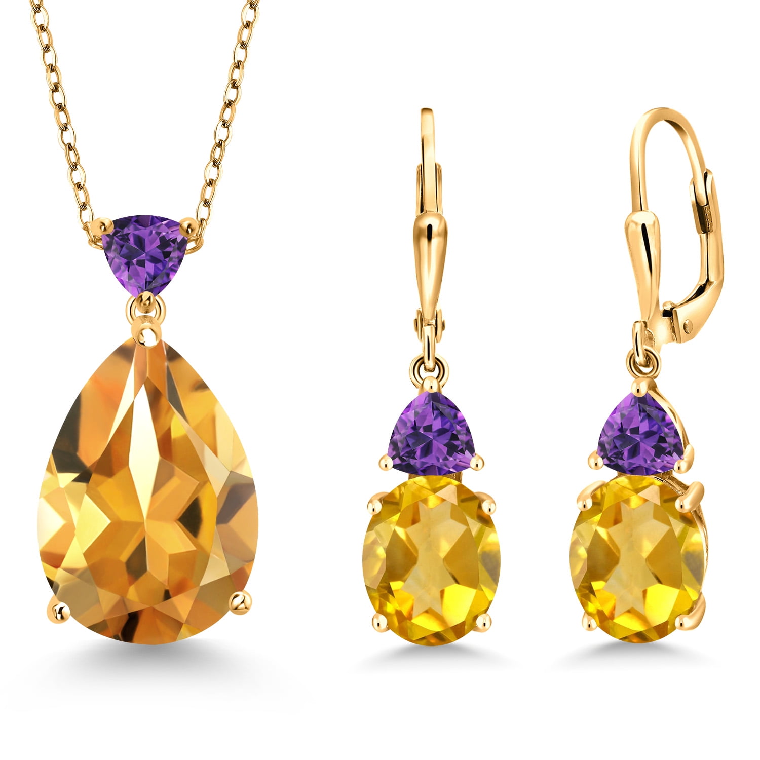 Gem Stone King 18K Yellow Gold Plated Silver Yellow Citrine and Purple Amethyst Pendant Earrings Jewelry Set for Women (16.80 Cttw, Pear Shape 18X13MM, with 18 inch Chain)