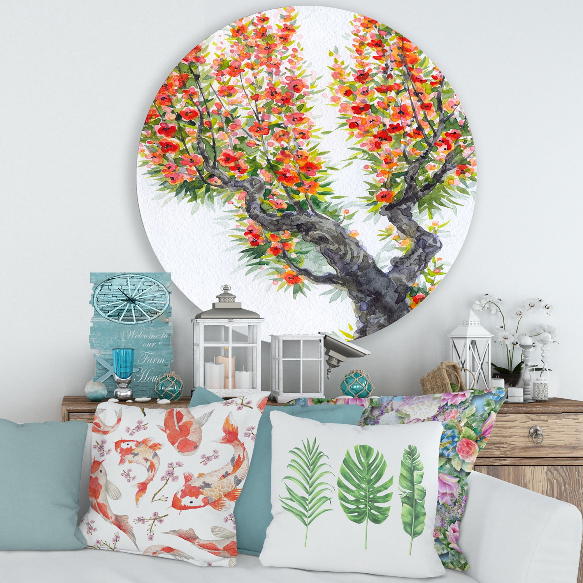 Designart 'Blooming Flowers Of An Old Tree In Spring II' Traditional Circle Metal Wall Art 36x36 - Disc of 36