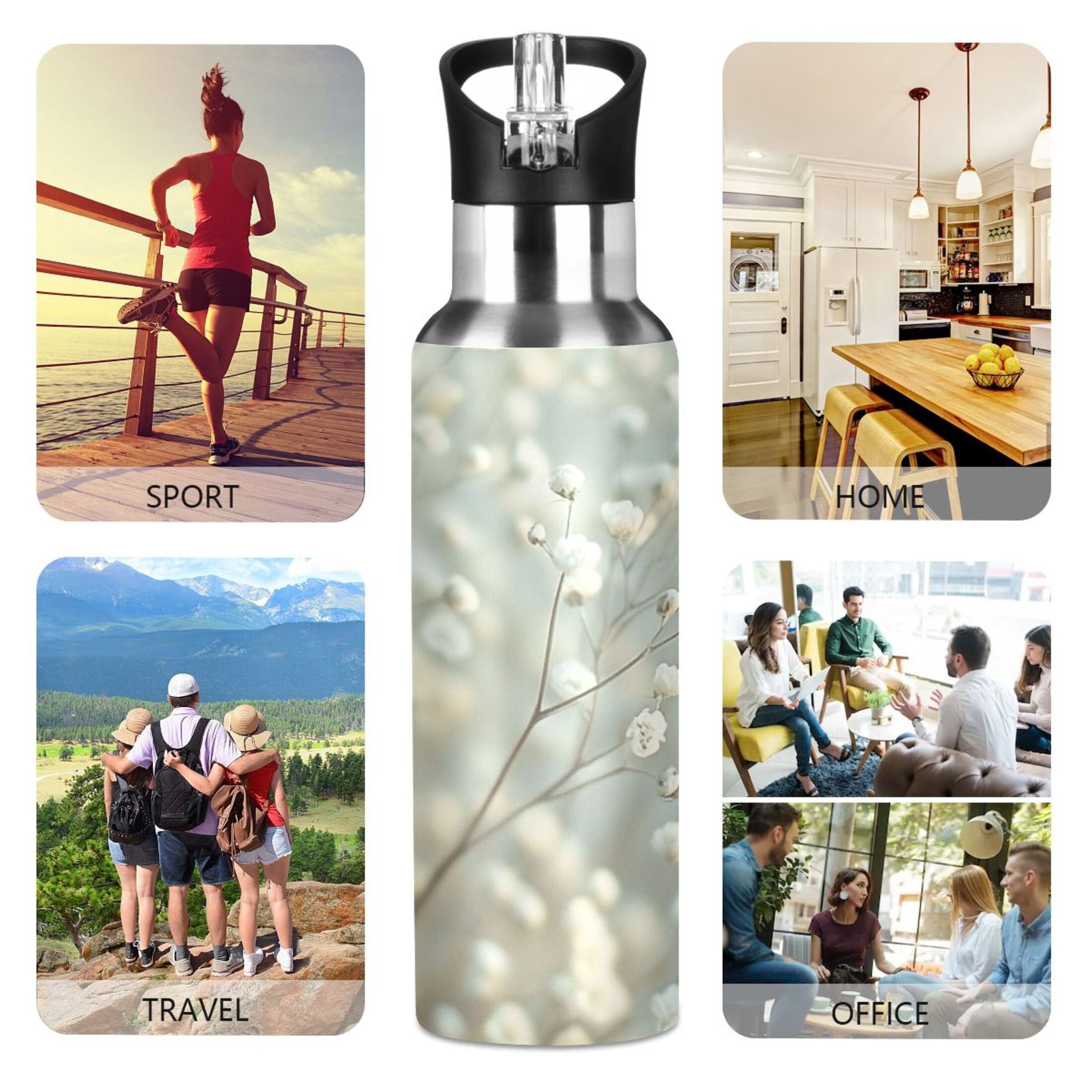 Beautiful Babysbreath Sports Bottle with Straw Stainless Steel Water Jug Portable Thermal Cup Leak-proof 600ML