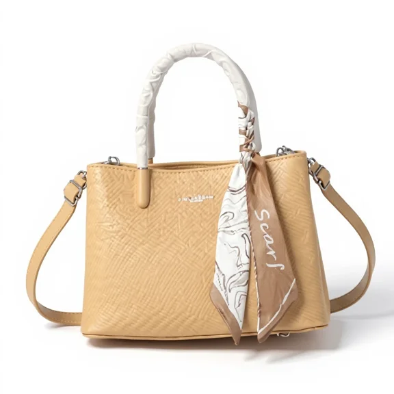 Women’s Textured Canvas Tote Handbag with Scarf Accent – 7 Colors – 10.63x4.72x7.48 in