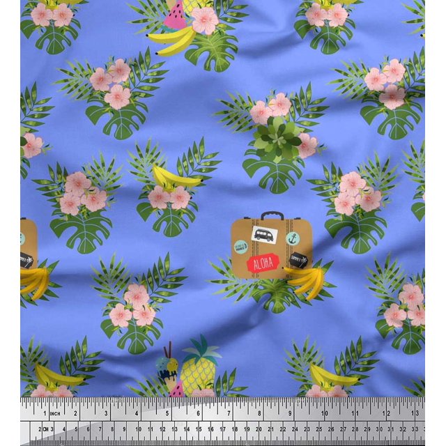 Soimoi Poly Georgette Fabric Suitcase,Floral & Leaves Tropical Print Fabric by The Yard 42 Inch Wide