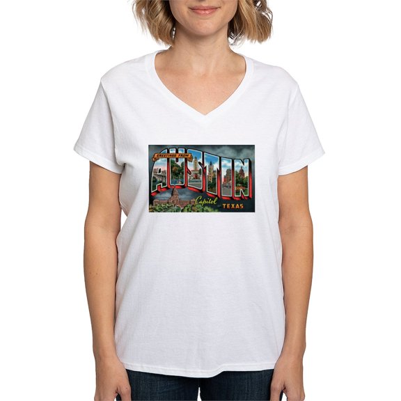 CafePress - City Of Austin Postcard Women's V Neck T Shirt - Womens Cotton V-Neck T-shirt