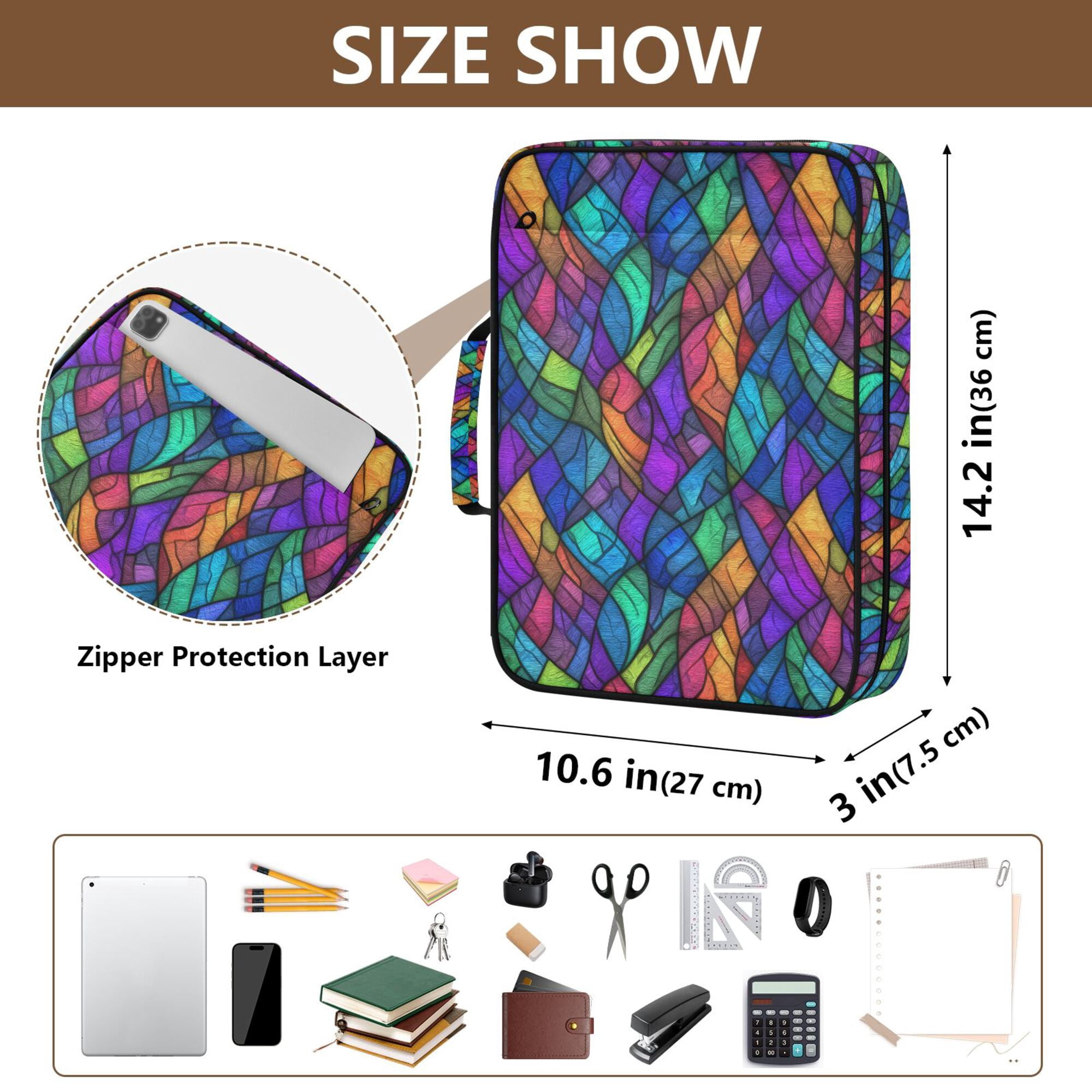 FORMRS Accordion File Folder A4 Size 7-Pocket Expanding Document Organizer Bag with 3 Ring Binder, Vibrant Stained Glass Pattern