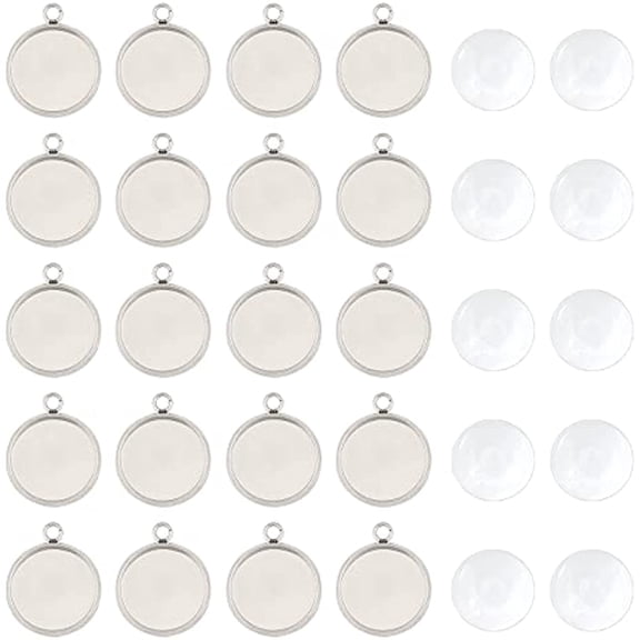 50 Sets 12mm Round Pendants Bezel Blank Tray Pendant Stainless Steel Pendant Cabochon Settings and Clear Glass Cabochon for Necklaces Jewelry Making Stainless Steel Color