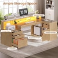 thumbnail image 3 of 64.4" Modern L Shaped Desk with Drawers, Fluted Home Office Desk with LED Lights and Power Outlets, Wood Executive Desk with File Cabinet Monitor Stand, Oak, 3 of 8