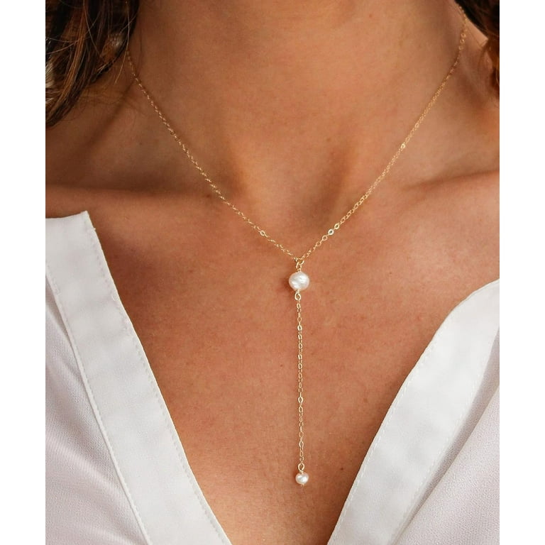 ●TATIANA● 14k Gold Filled Mignon Pearl Point NecklaceNZ114 Pearl Necklaces for Women-Pearl Y Necklace, Pearl Choker
