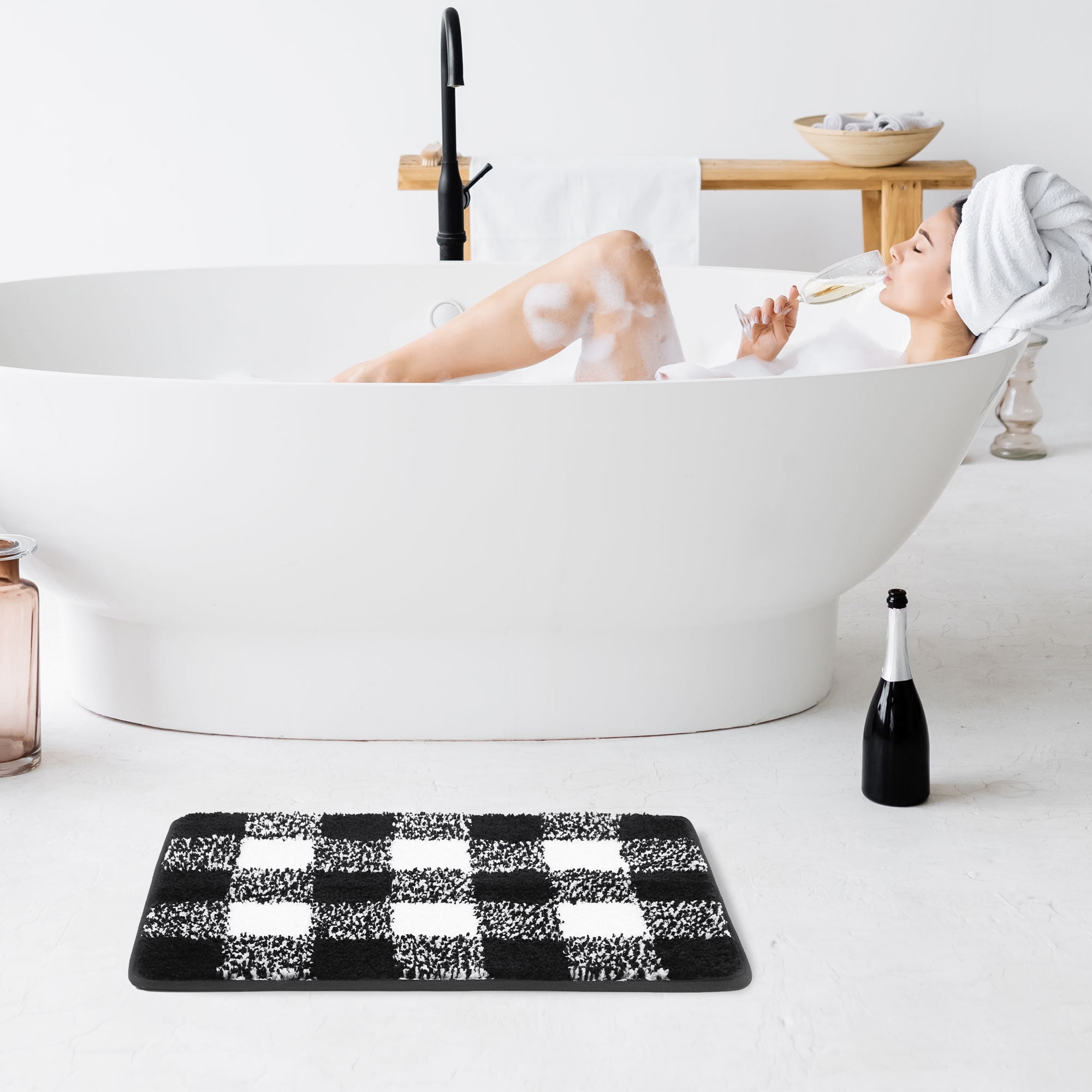 REGALWOVEN Microfiber Plaid Bathroom Rugs, 2 Pcs Extra Soft Fluffy Absorbent Bath Rug Black & White 17"x24"&17"x47"