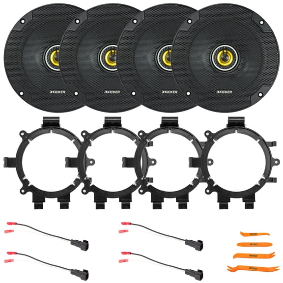 4x Kicker CSC65 CS Series 6.5" 300 Watt Max Power 4 Ohm 2-Way Coaxial Speakers, 4x Speaker Wire Harness, 4x 5.25" or 6.5" Speaker Mounting Bracket Adaptors, Pry Tool Set (1995-2009 GM Vehicles)
