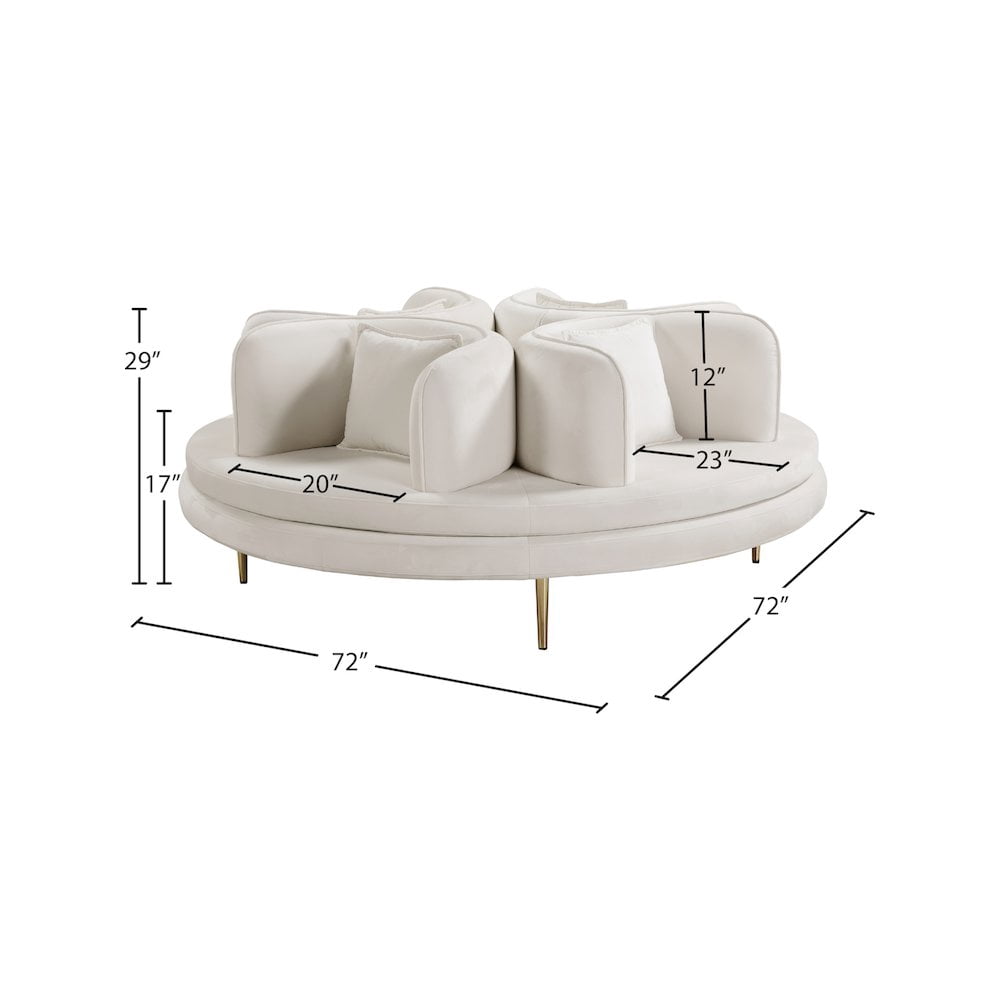 Meridian Furniture Circlet Roundabout Sofa with Gold Iron Legs, Cream Velvet