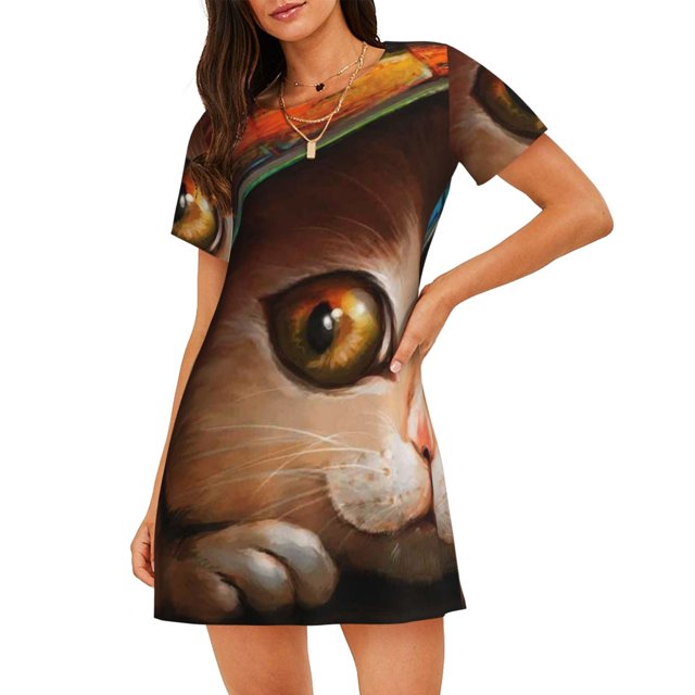 Lsque Chemises de Nuit Motif Chat pour Femmes Chemises de Nuit Manches Courtes Chemise de Nuit Chandail Chemise de Nuit Douce Vêtements de Nuit Coupe Décontractée