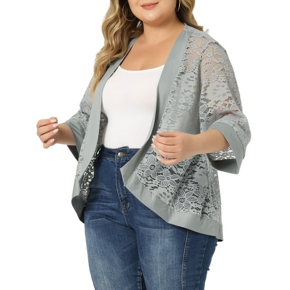 Unique Bargains Women's Plus Size Bolero Summer Outfits Lace Panel Sheer Cardigans 2X Gray